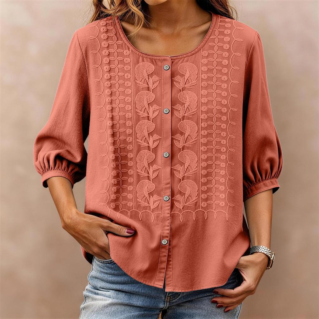 Womens 34 Sleeve Button Down Blouse with Embroidered Floral Pattern Loose Fit Casual Top for Everyday Wear