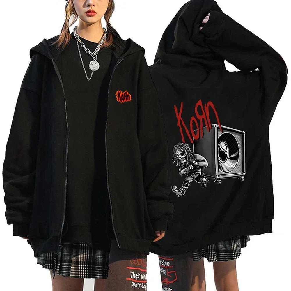 Korn Rock Hoodies WORLD TOUR Zipper Sweatshirts Korn Rock Metal Zip Up Jackets Fleece Oversized Jackets Coats Hip Hop Streetwear