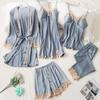 Women's Silk Five-Piece Pajama Set: Spring/Autumn Nightdress & Robe with Chest Pad