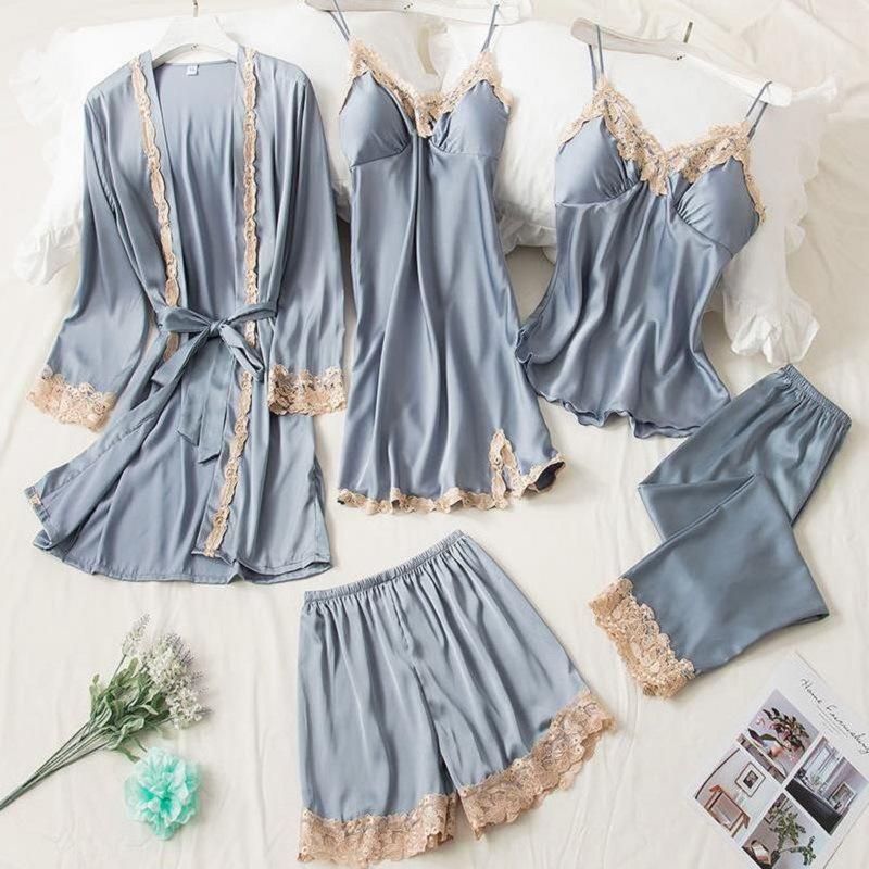 Women's Silk Five-Piece Pajama Set: Spring/Autumn Nightdress & Robe with Chest Pad