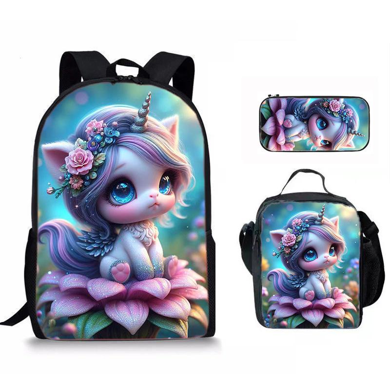 Luxe Nieuwigheid Bijzonder Grappig Cool eenhoorn 3D Geprint 3 stuks/Set leerling Schooltassen Laptop Dagrugzak Rugzak Lunchtas Etui