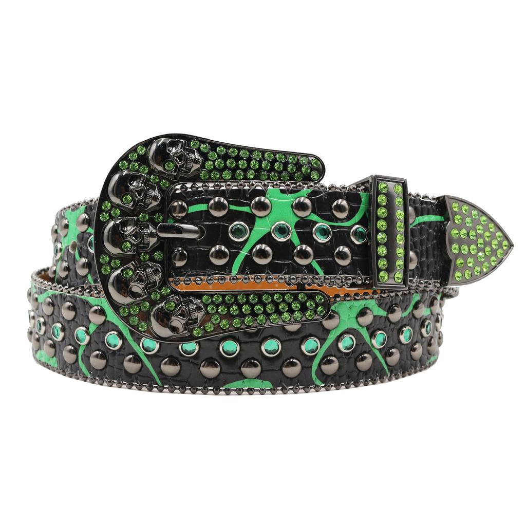 Rhinestone Skull Wide Belt Men Inlaid with Rhinestone Flash Diamond Hip Hop Punk Personality Fashion Non-mainstream