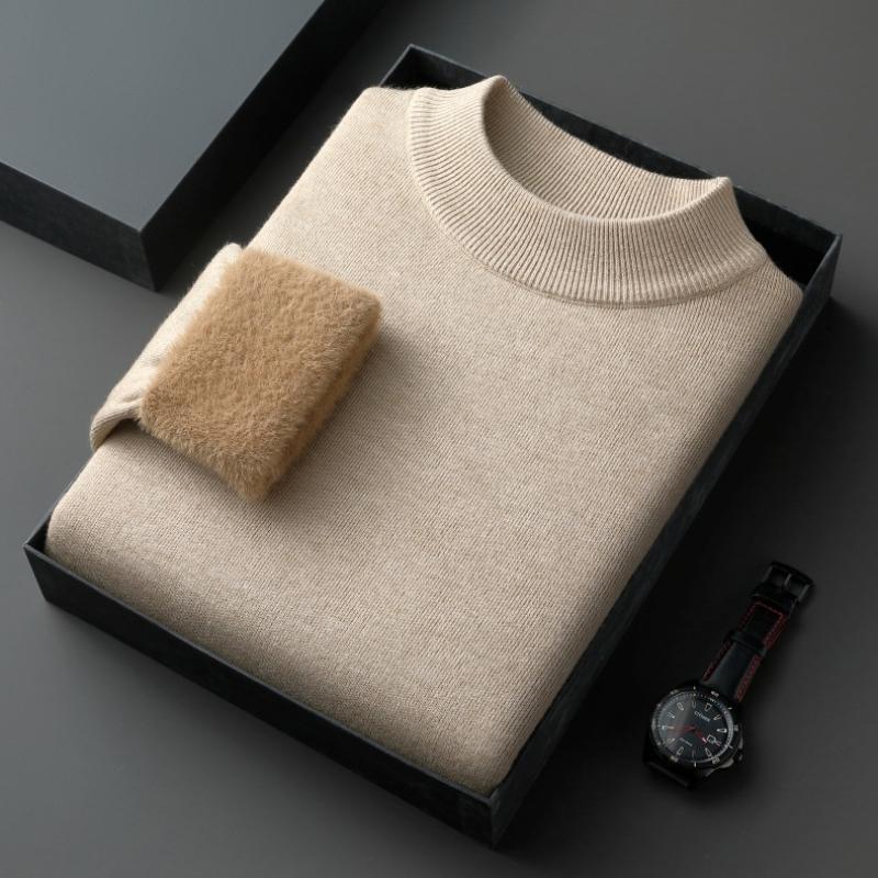 Autumn Winter Warm Mock Collar Sweaters for Men Solid Long-sleeve Fleece Knitted Sweaters Men Casual Thick Pullovers