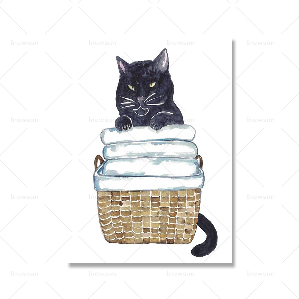 

Черная кошка, картина для стирки, настенный постер, акварель, художественный декор, принт, рисунок домашнего животного, холст для ванной комнаты, забавные фотографии для ванной, ванной, туалета 13x18cm No Frame