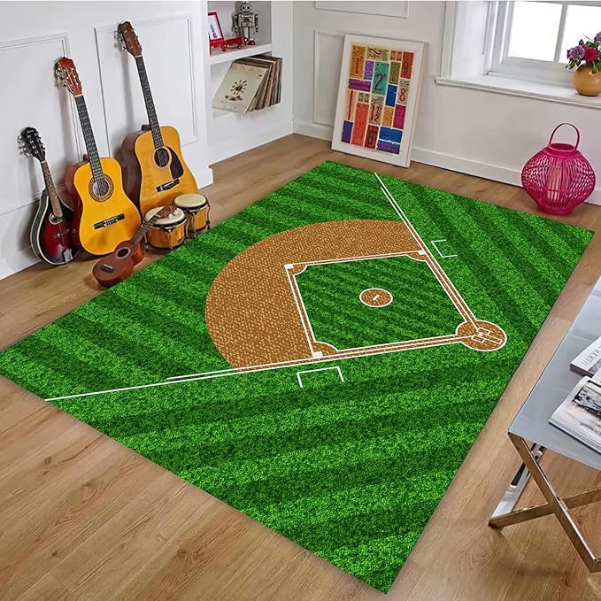 

Baseball Field Design Area Rug Sports Themed Carpet for Living Room Bedroom Green Grass & Brown Infield Pattern Soft Touch 40X60CM