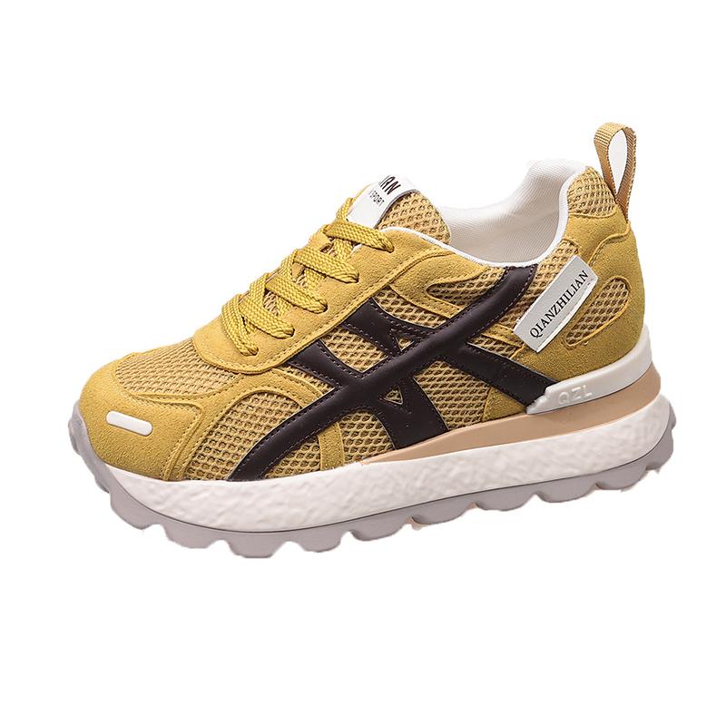 Fashion 7.5cm Air Mesh Micrifiber Leather Breathable Vulcanize Summer Chunky Sneakers Hollow Casual Platform Wedge Women Shoes