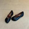 Nischen-Retro-Rundkopf-Dickabsatz-Einzelschuhe für Damen, vielseitig, mit Knopf, Gummizug, flachem Ausschnitt, weichem Leder, Mary Jane-Schuhe