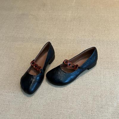 Niche Retro Round Head Thick Heel Single Shoes Women's Versatile Button Elastic Band Shallow Mouth Soft Leather Mary Jane Shoes