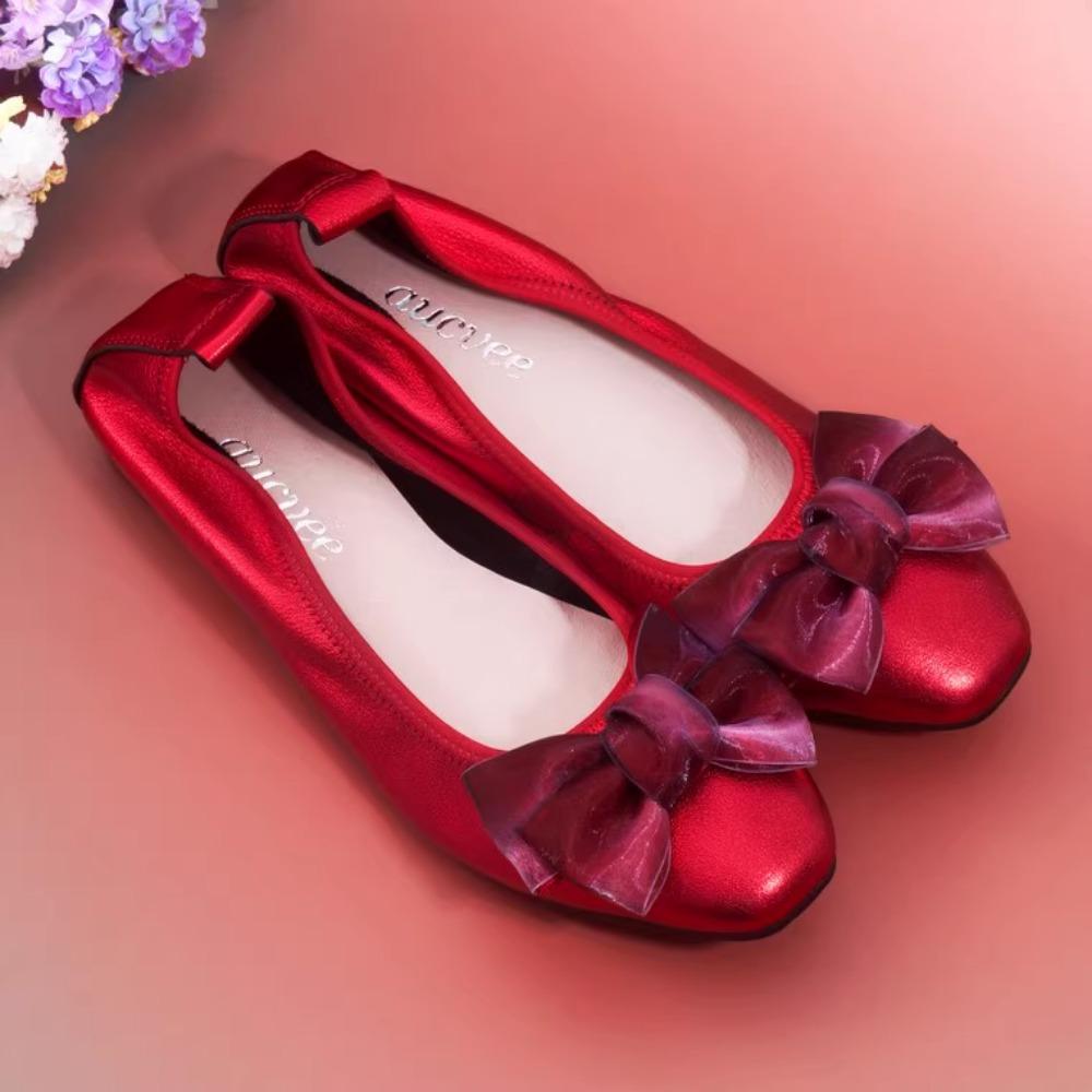 2024 Summer Genuine Leather Bowknot Ballerina Women's Flat Round Toe Comfort Slip-On Ladies Loafers Leather Single Mules Shoes