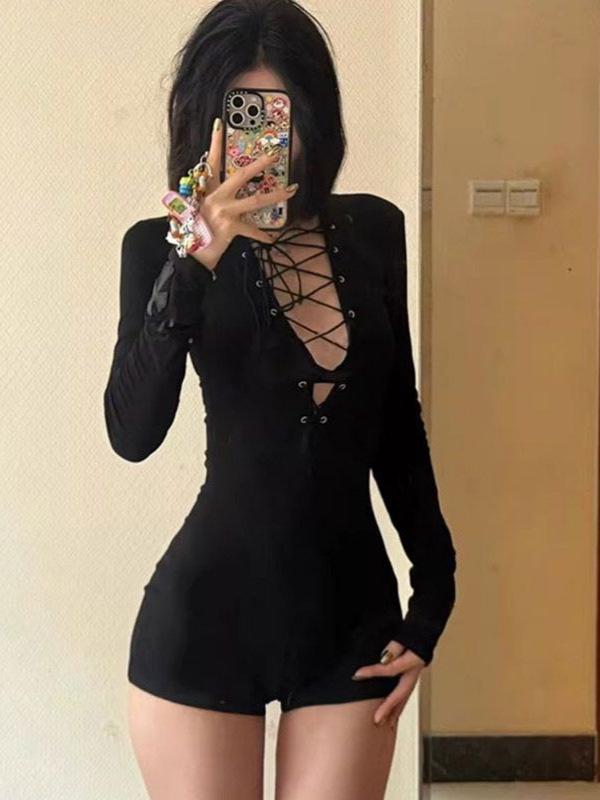 

Spicy Black Hollow Long-Sleeve Jumpsuit - Petite Waist-Cinching Sexy American Style Shorts XL чёрный