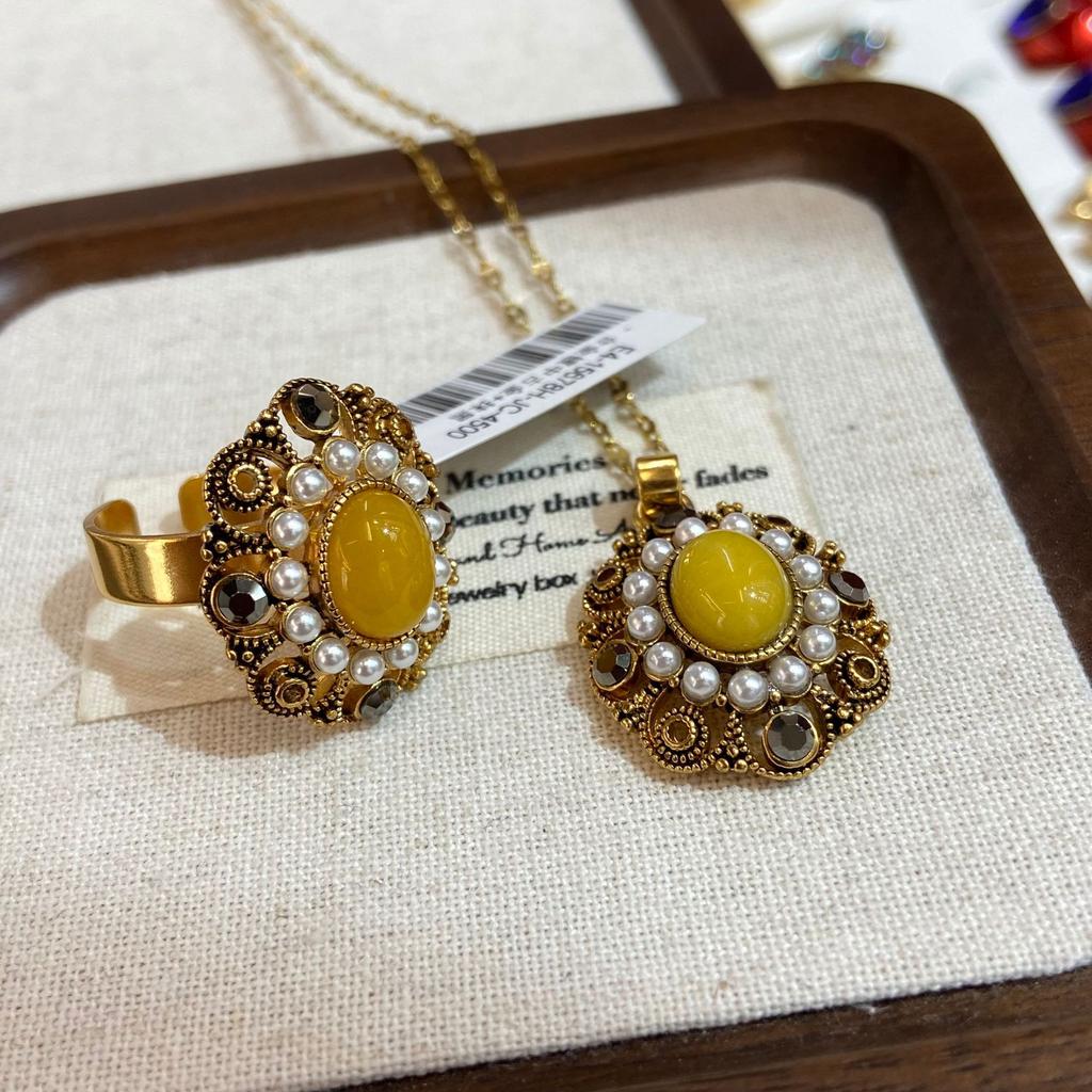 Medieval Maillard Oval Yellow Agate Old Ring Necklace Set Fashionable And Exquisite Inlaid With Palace Style
