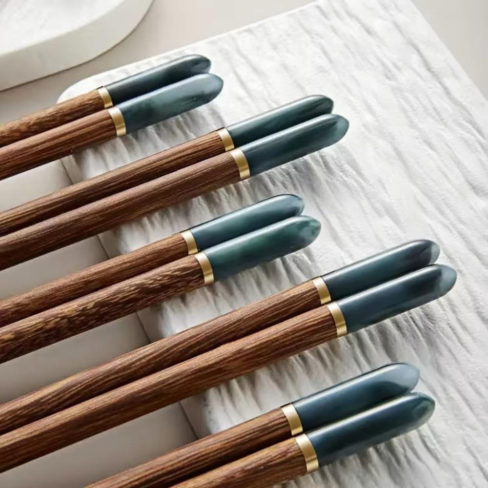5 Pair Vintage Jade Head Wooden Chopsticks Set Comfortable To Hold Wax Free Sushi Sticks Household Meal Chopsticks Noodles
