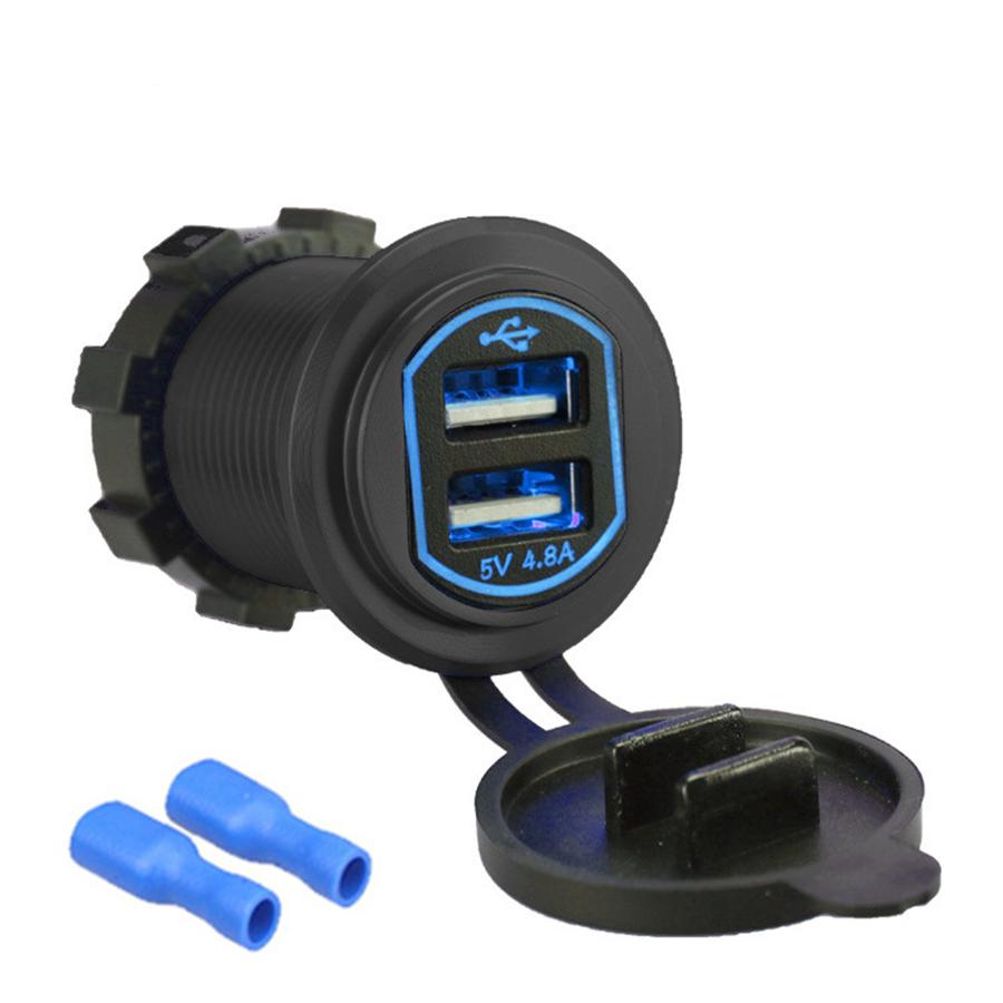 Waterproof Aluminum Dual Usb Led Quick Charger Socket Power Outlet 2.4A & 2.4A (4.8A) With Wire In-Line 10A Fuse For Car Boat Marine Motorcycle Rv Tru