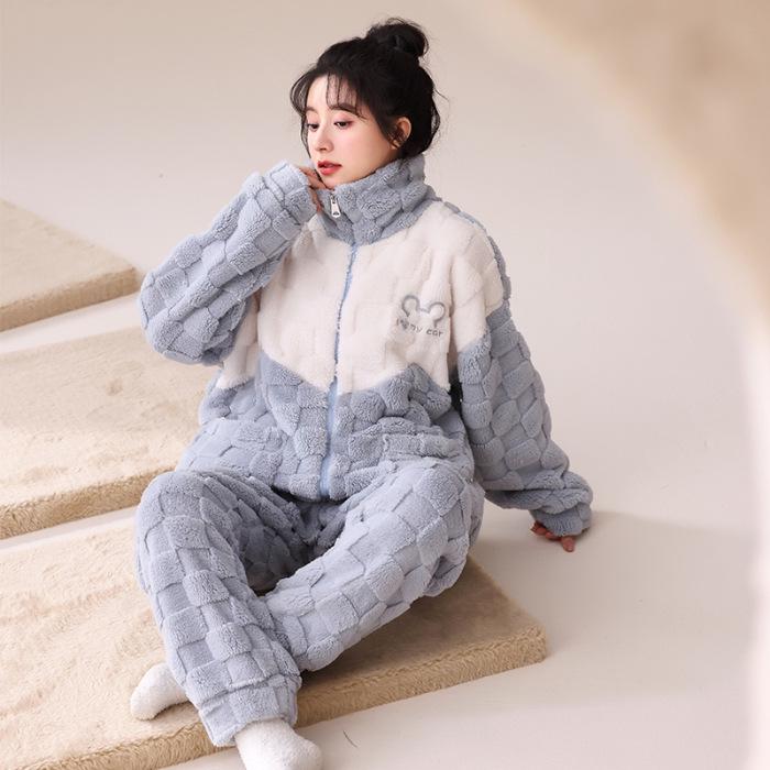 Women's Flannel Jacquard Pajamas - Zippered, Thickened, Warm Autumn/Winter Outerwear