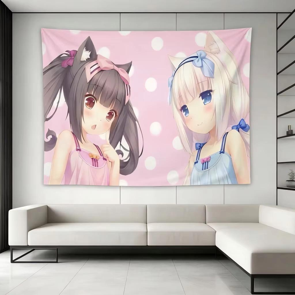 Chocola Vanilla Nekopara Anime Tapestry, Cute Twin Cat Girls Wall Hanging Pastel Aesthetic Decor for Bedroom Dorm Living Room