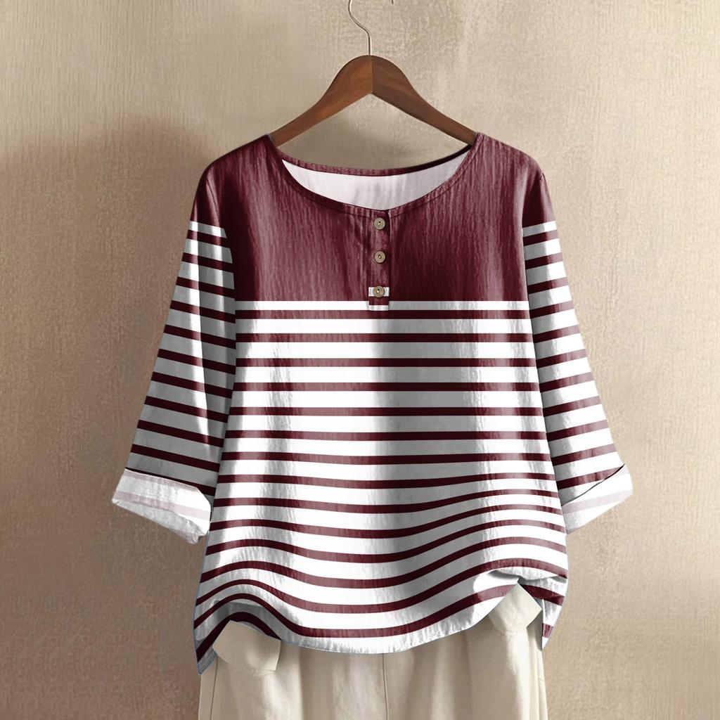 Women's Casual Three-quarter Sleeve Round Neck Gradient Color Printed Cotton And Linen Top