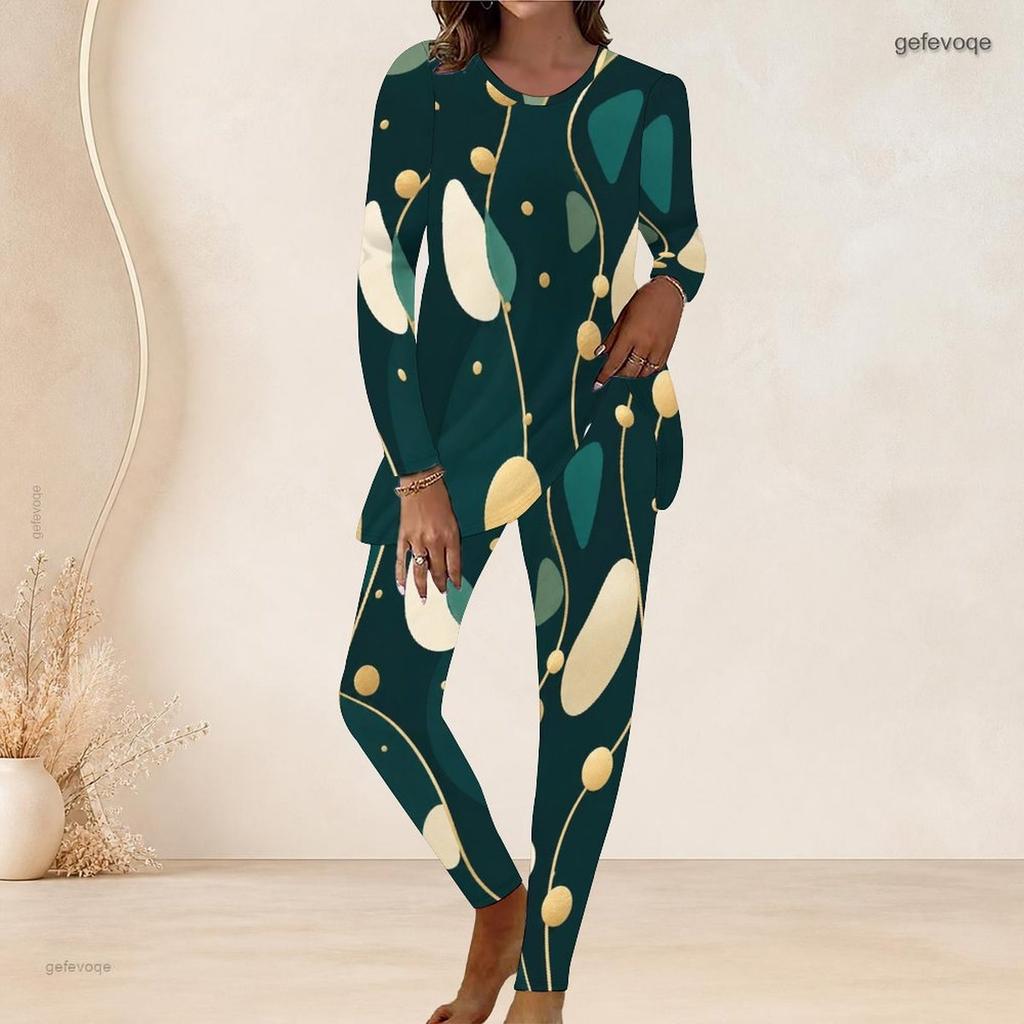 Women Plus Size Black Printed Round Neck Long Sleeve Longline Top Fitted Pants Two Piece Set