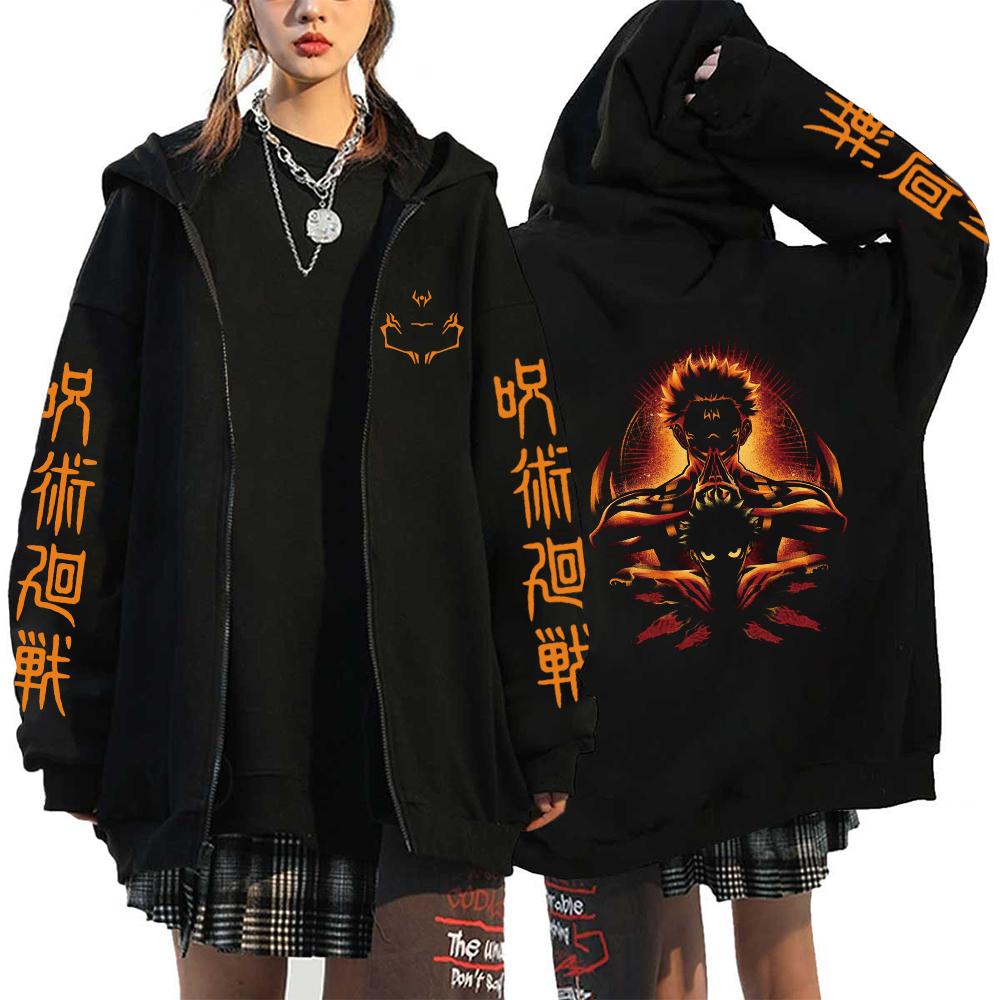 Damer Herrar Anime Zip Hoodies Jujutsu Kaisen Plus Size Dragkedjejackor Gojo Satoru Tryckt Sweatshirt Y2k Harajuku Unisex med Huva