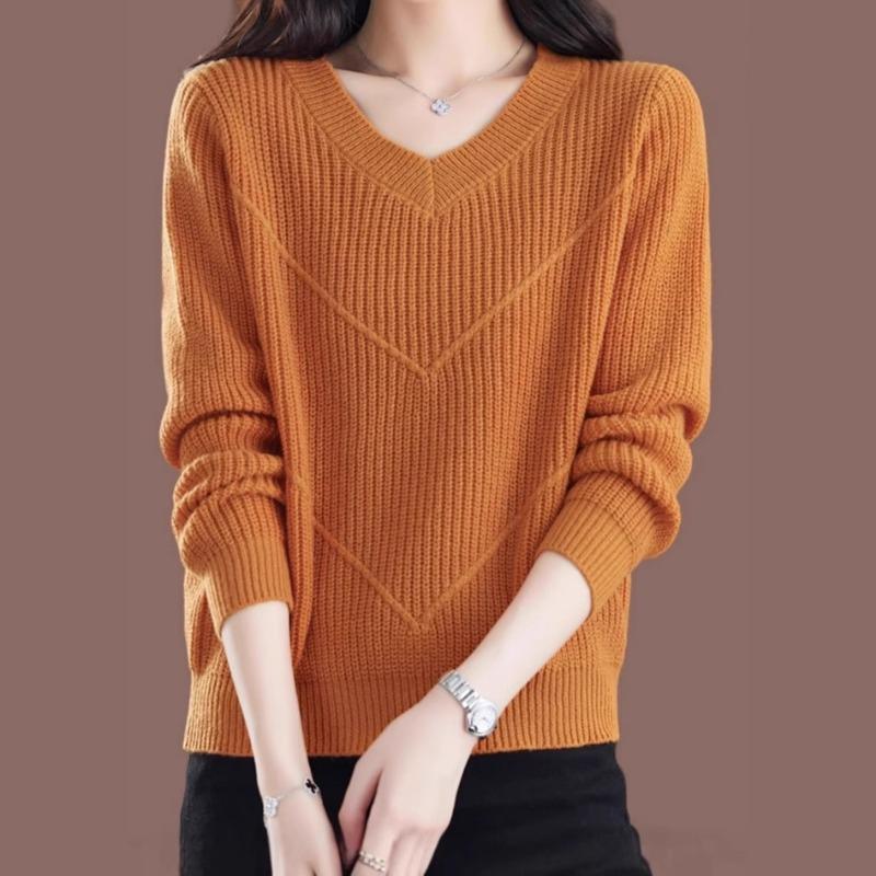 Autumn Winter V-neck Loose Casual Simple Fashion Pullover Sweater Women Solid Color All-match Knitting Top