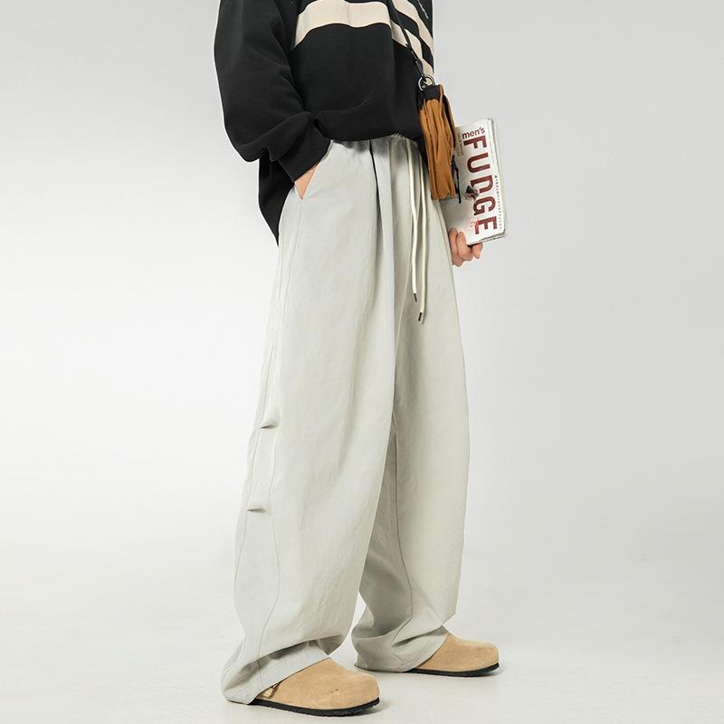 Men S Pleated Loose Straight Leg Casual Trousers Drawstring Waist Retro Pants