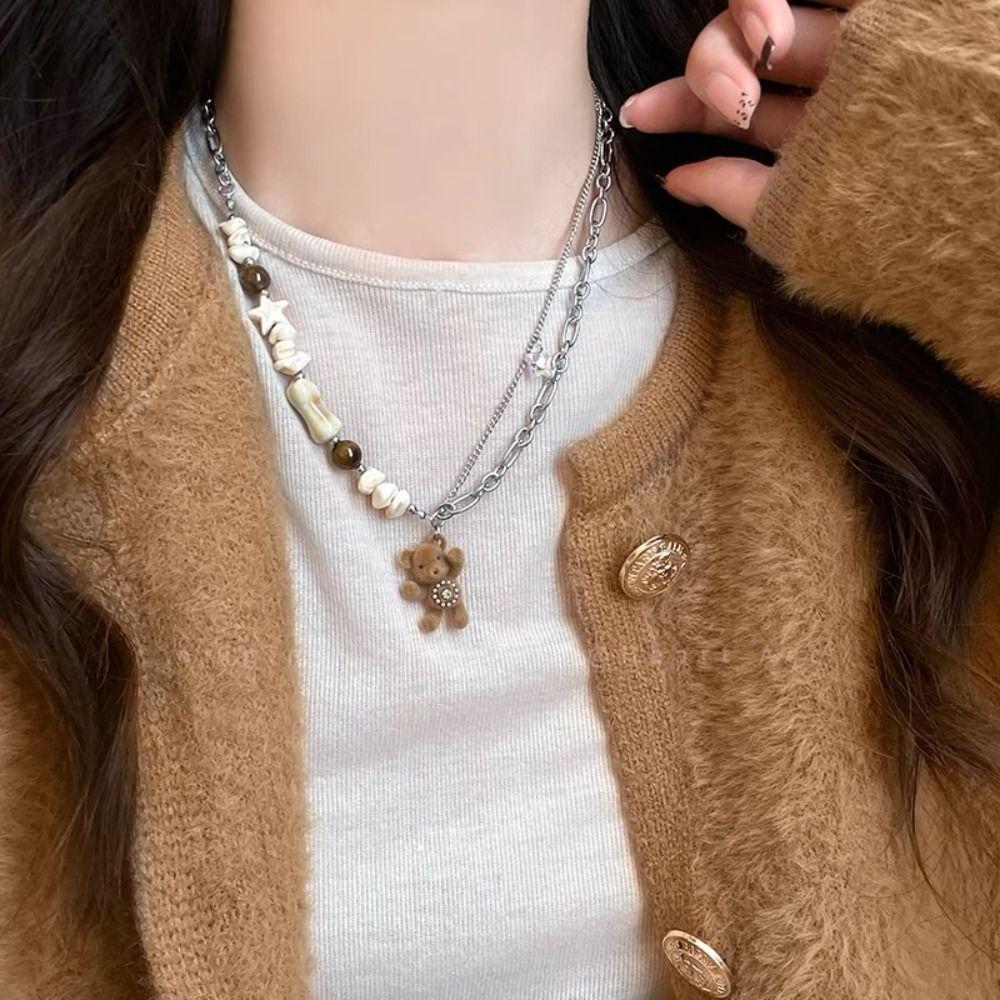 Funny Cartoon Ring Set Cute Flocked Bear Necklace Versatile Bear Pendant Necklace Girls Jewelry
