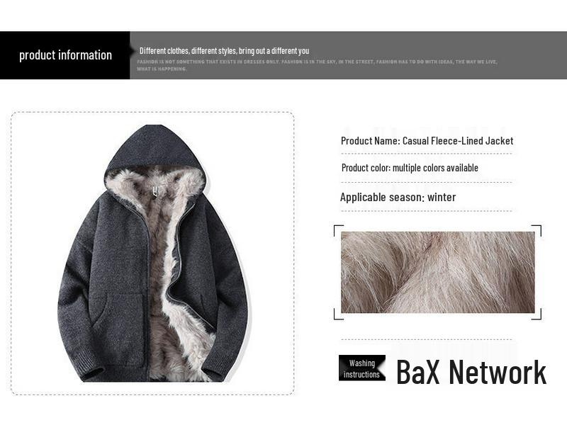 Men's Solid Color Hooded Knitwear Jacket with Fur Lining for Fall/Winter
