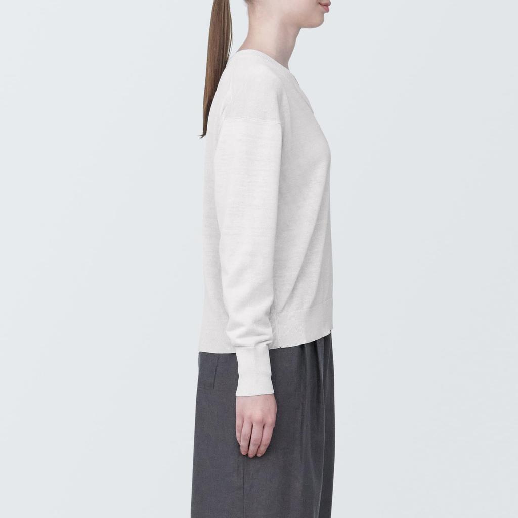 MUJI Women's UV-Cut Hemp Blend V-Neck Sweater, Light Gray, Size M (BA1OHA4S)