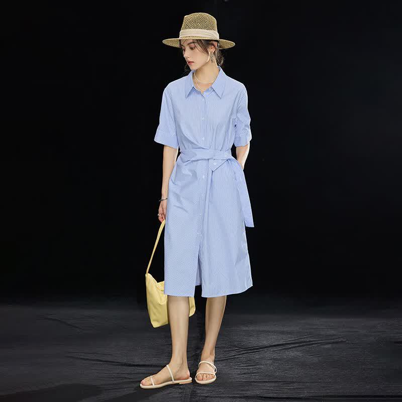 Wudao Women's Lapel Short Sleeve Waist-Cinching Shirt Dress