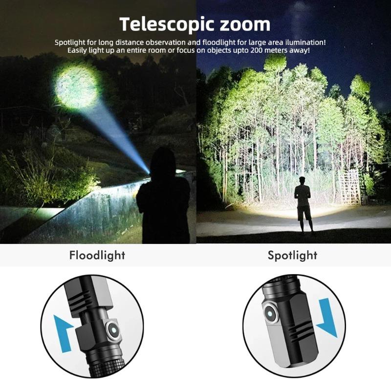 Mini Lanternă LED Super Luminoasă Reîncărcabilă prin USB Tip-C Zoom Lanternă de Pescuit Puternică 3 Moduri de Iluminare Lampă de Camping