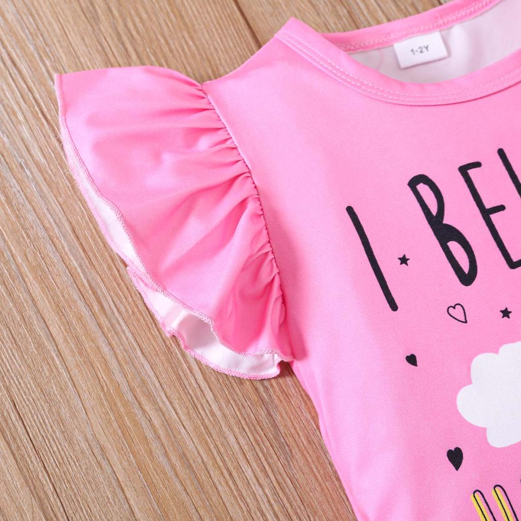 Girls 2 Piece Outfit 1-8Y Pink Unicorn Print T-Shirt with Shorts Set Kids Ruffle Sleeve Summer Clothing Sets