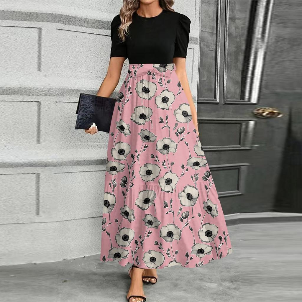 Women's Fashionable Casual Belt Short Sleeved Round Neck Print Elegant Temperament Dress