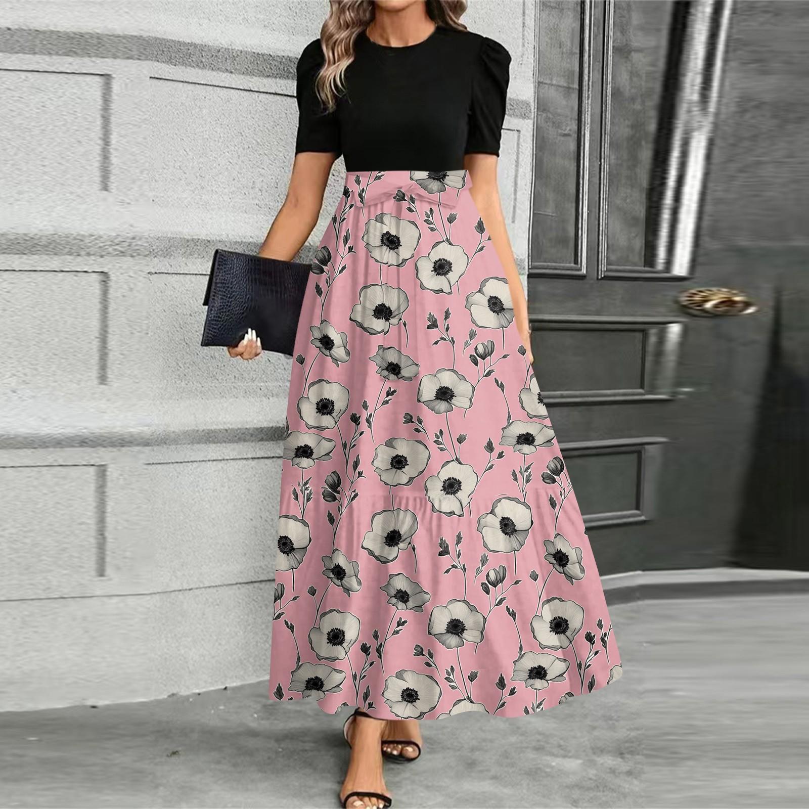 

Женское модное повседневное платье с поясом, коротким рукавом, круглым вырезом и принтом, элегантное и темпераментное S розовый