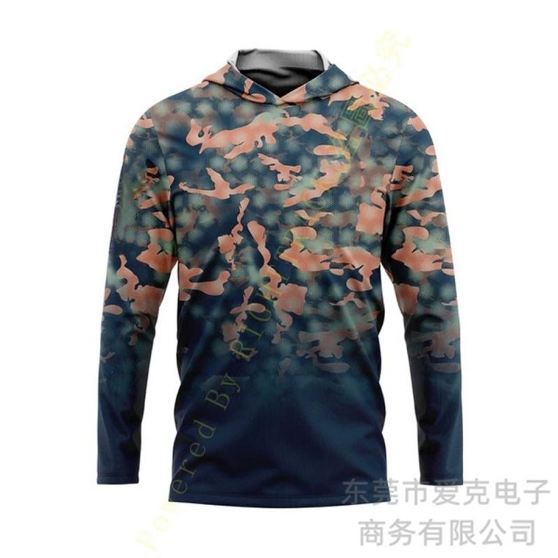 Mens Quick-Dry Long Sleeve Fishing Jacket With Hood Camouflage UV Protection Outdoor Sport Wear