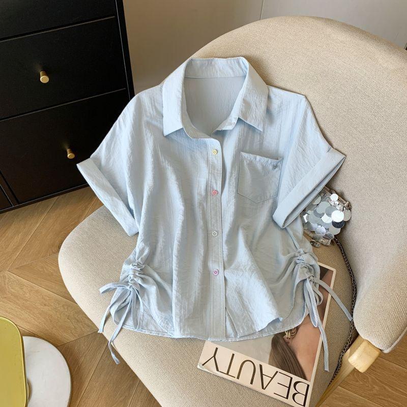 

Женская белая футболка-поло в корейском стиле - Летняя повседневная, свободный крой, стандартная линия плеча, короткий рукав, укороченный дизайн со шнурком S 80-95 lbs синий