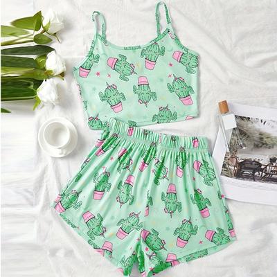 Summer Women Pyjamas Sexy Green Cactus Print Sling Tops and Shorts Pijama Casual Slim O-Neck Pajamas Set Loungewear 2 Pieces Set Sleepwear