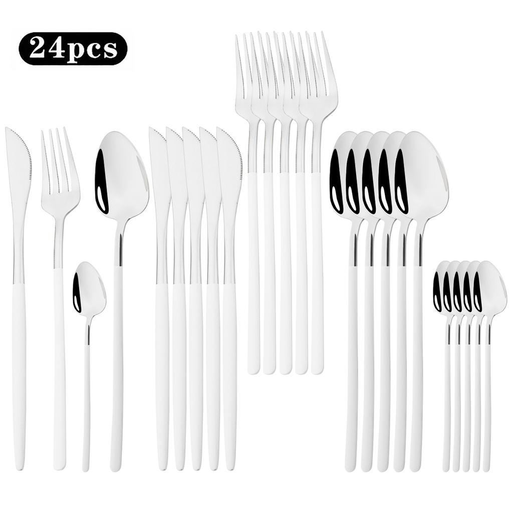 24pcs White Gold Dinnerware Cutlery Set Knife Fork Spoon Tableware Western Stainless Steel Silverware Set Coffee Spoons Flatware