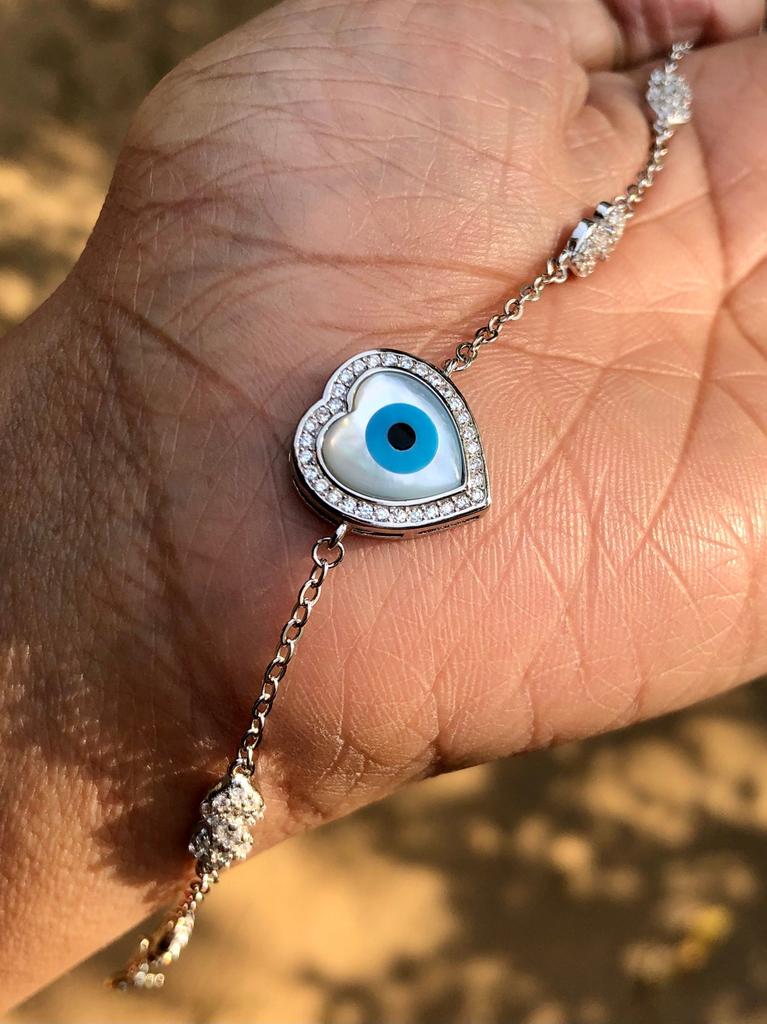 Artisan Crafted 925 Silver Evil Eye Protection Bracelet, Amulet Nazariya, Mother of Pearl Jewelry, Handmade, Handcrafted 6.5"+1" ext, 5.1 gm
