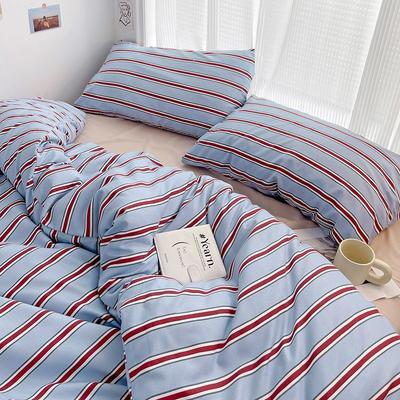 Set Copripiumino a Strisce Rosse e Blu Stile Semplice Set Lenzuolo Piatto Set Biancheria da Letto in Cotone Lavato per Bambini Adulti