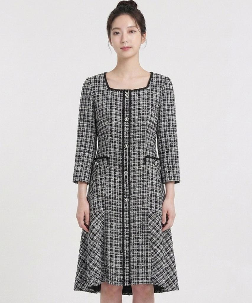 ECOLEDEPARIS Tweed Square Neck Dress_Rb34Woam11Z