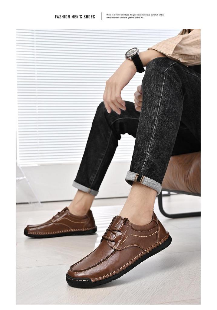 Spring 2024 Men's Casual Leather Lace-up Shoes - Soft Sole, Hand-stitched, Versatile, Large Size Driving Shoes