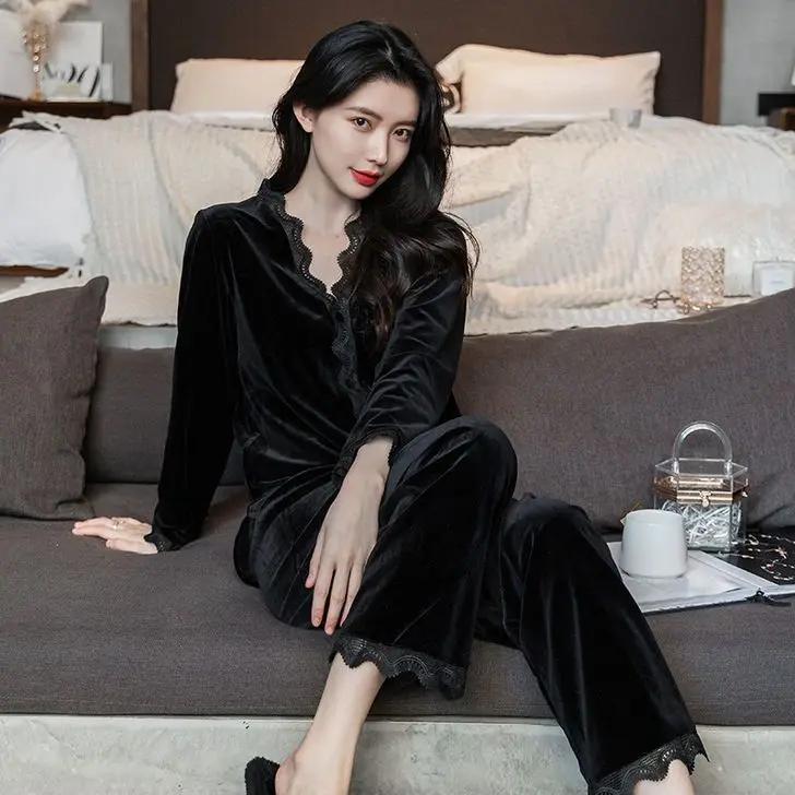 

Бархатный пижамный комплект из 2 предметов, домашняя одежда, осенне-зимняя женская пижама, сексуальные бордовые кружевные брючные костюмы, пижама, свободная велюровая домашняя одежда 2XL