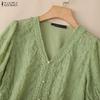 ZANZEA Women Casual V-Neck Lace Crochet Patchwork Loose Short Sleeve Blouse