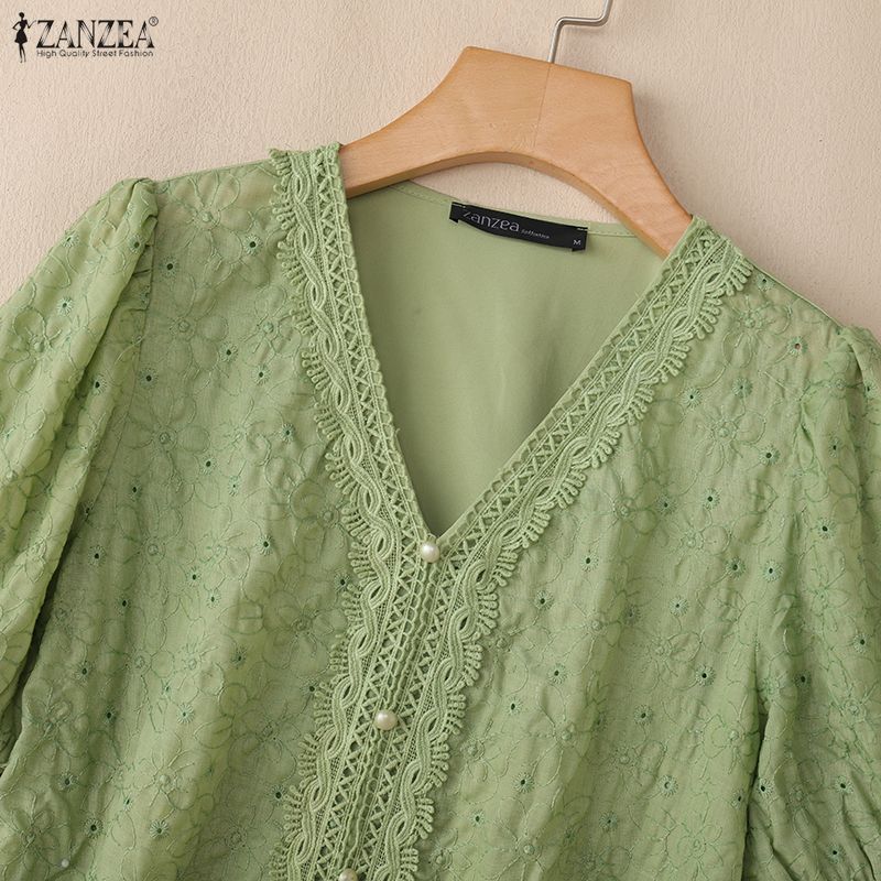 ZANZEA Women Casual V-Neck Lace Crochet Patchwork Loose Short Sleeve Blouse