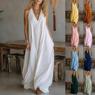 Summer Women's Linen Halter Neck V Neck Sleeveless Loose Oversized Maxi Dress