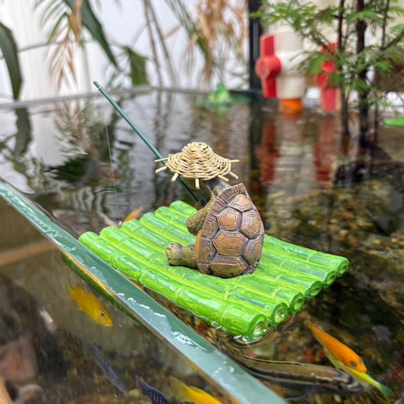 Turtles Fishing on Bamboos Raft Statue Weather Resistant Resins Miniature Animal Ornament For Garden Pond Decoration