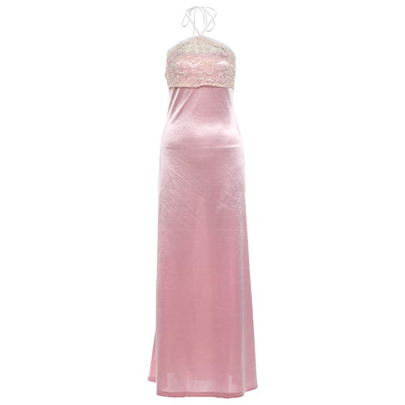 European and American summer new hot-selling fashion and skin-friendly solid color lace splicing backless neck dress women