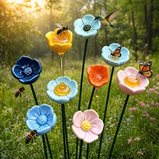 Flower Bird Feeder with Stake, Resin Garden Water Station, Outdoor Bird Bath for Yard, Hanging Floral Ornament