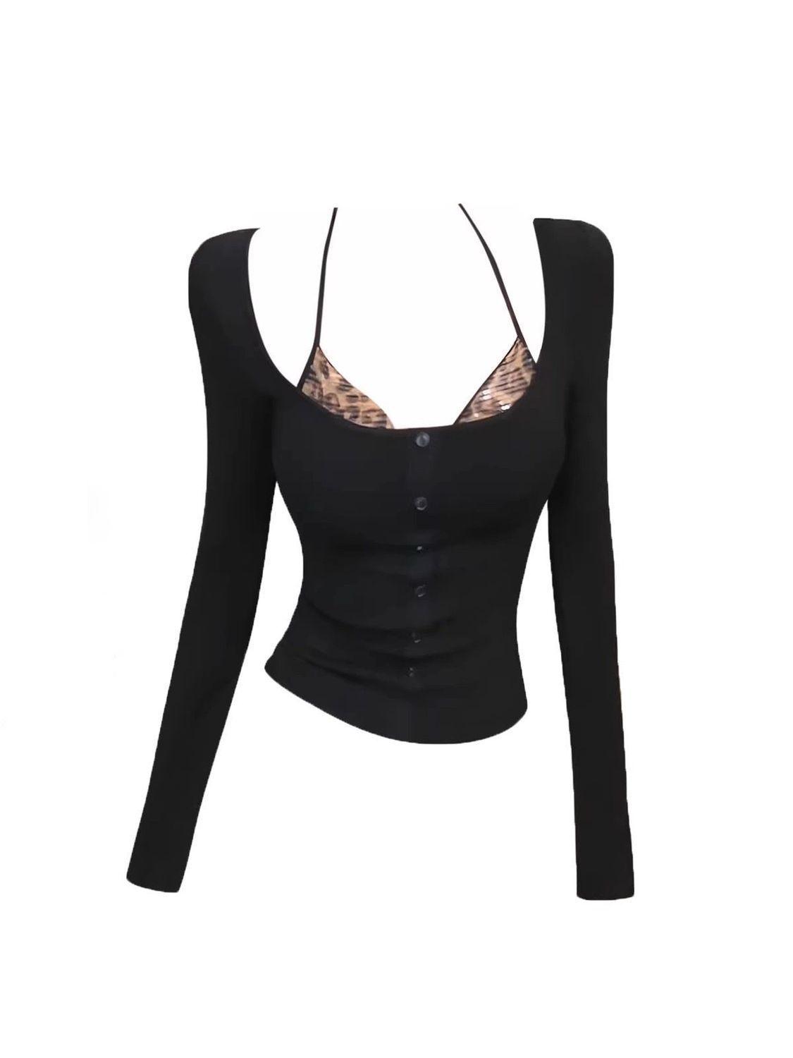 Elegant Black Square Neck Slim Long Sleeve Camisole & Leopard Print Two-Piece Women s Winter Set S