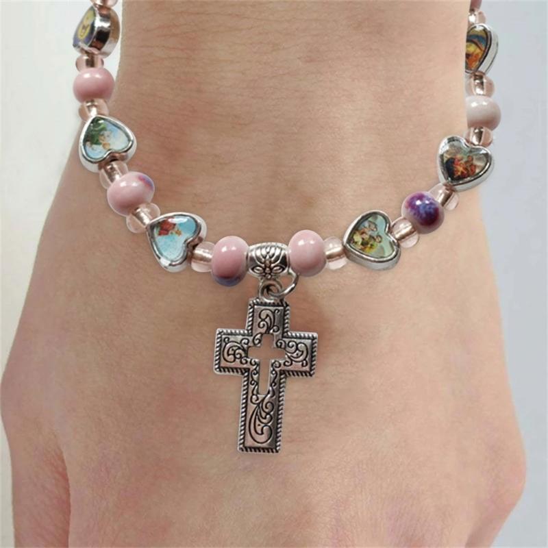 Cross Pendant Strand Bracelets Elastic Bead Bangles Women Jewelry Gift Beaded Bracelets Pendant Bracelets for Girl Women