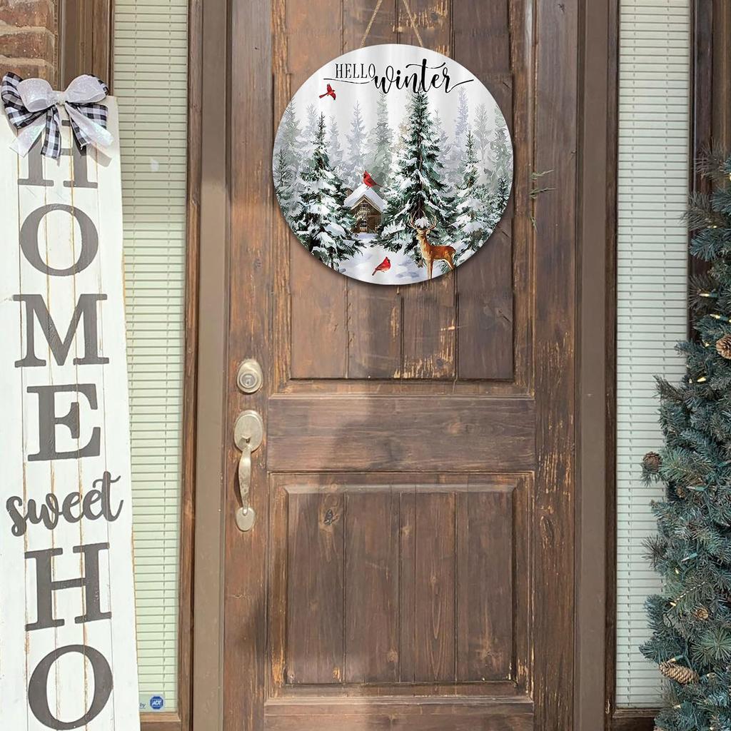 Winter Wreaths for Front Door, Winter Door Decorations Wall Decor, January Wreaths 12 Inch, Hello Winter Door Sign Door Hanger, Rustic Natural